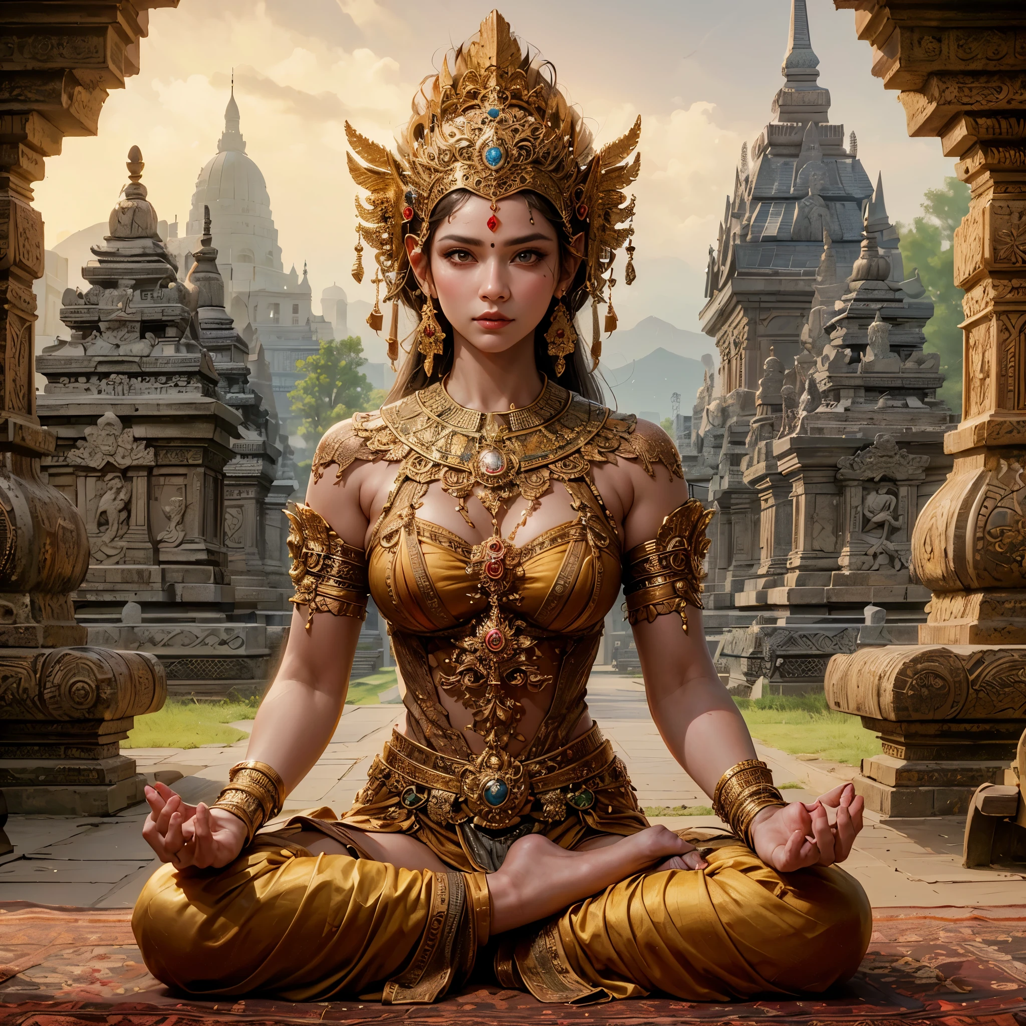 there is a woman with large breast show her cleaveage sitting in a lotus position in a temple, unreal engine render + a goddess, goddess. extremely high detail, extremely detailed goddess shot, 3 d render character art 8 k, cinematic goddess shot, 3 d goddess portrait, a beautiful fantasy empress, beautiful goddess, 8k high quality detailed art, hindu aesthetic, cinematic goddess close shot, masterpiece, best quality:1.2),,(8k,highres,RAW photo,realistic,photo-realistic:1.3),(detailed skin texture,detailed cloth texture,beautiful detailed face:1.25),professional lighting,photon mapping,beautiful soft light,radiosity,physically-based rendering,raytracing, model shoot style, model shoot style, (extremely detailed CG unity 8k wallpaper), full shot body photo of the most beautiful artwork in the world