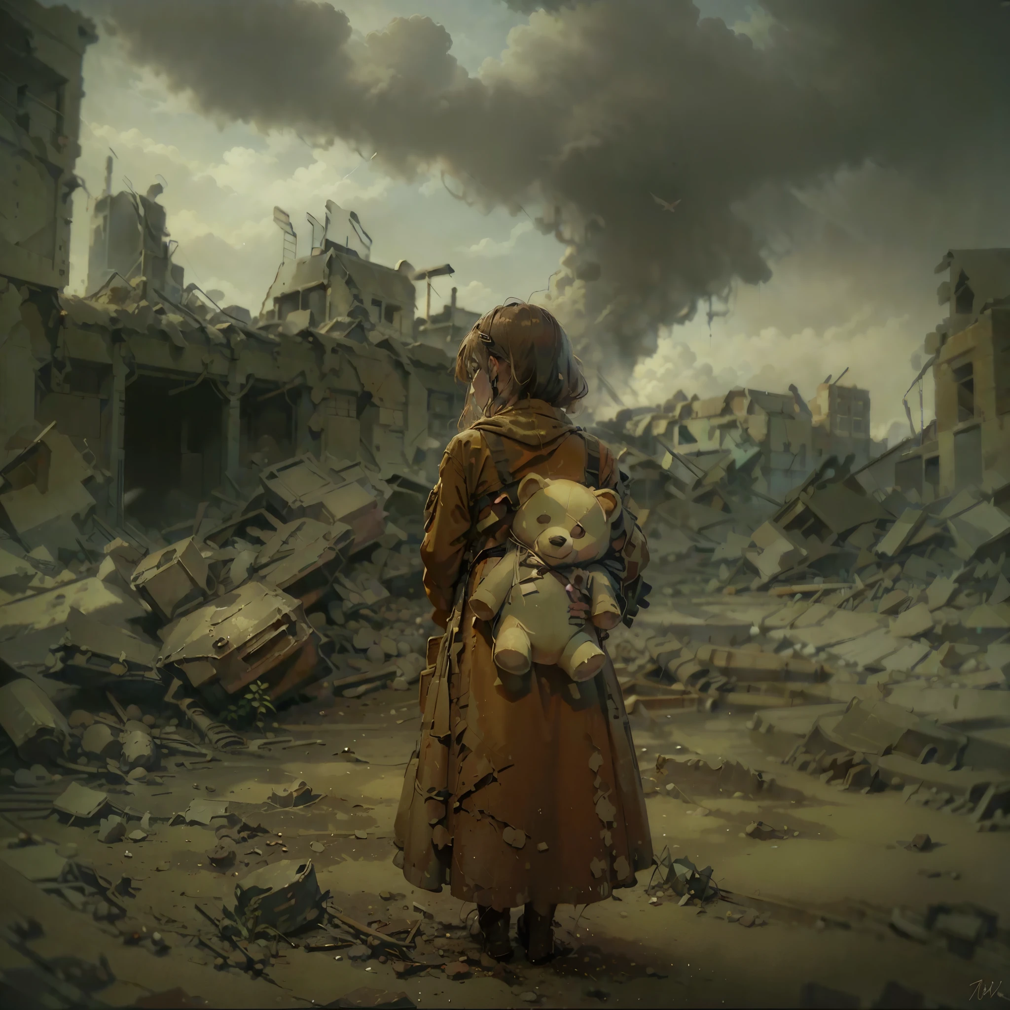 穿著戰時紅色長裙的女孩，背着熊娃娃的背，戰爭廢墟，亂。（非常廣角的拍攝，焦点位于角色的背部）照片的背景是、塵土飛揚的世界末日場景