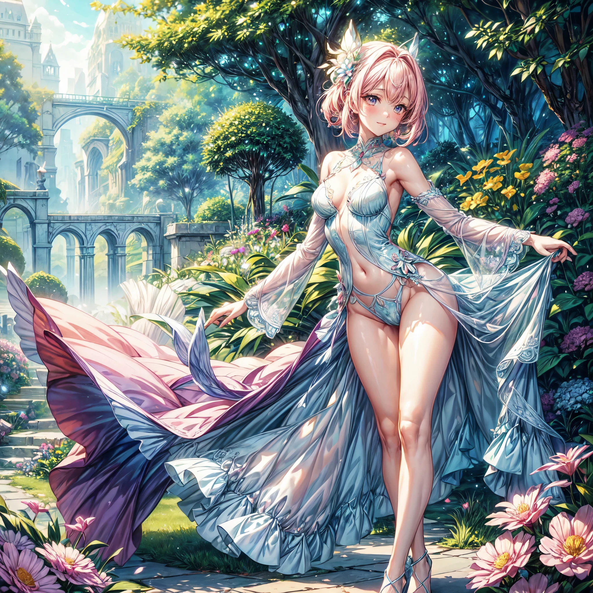 (best quality, 8k, masterpiece:1.2, nsfw ), Cutest,Cute girl, mesugaki, Beautiful face, Beautiful eyes, Beautiful hair, Light pink hair, Lots of colorful flowers, sunshine, peaceful garden, summer dress, smiling, golden hour lighting, vibrant colors, happy expression,　
soft breeze, gentle makeup, freckles, blonde hair, flowing dress, pastel colorairytale atmosphere, fluttering butterflies, dreamy atmosphere), vivid greenery, (Showing a delicate slim figure and graceful curves, beautiful long thin legs, smooth legs muscle, thin legs, slender legs:1.3), smile