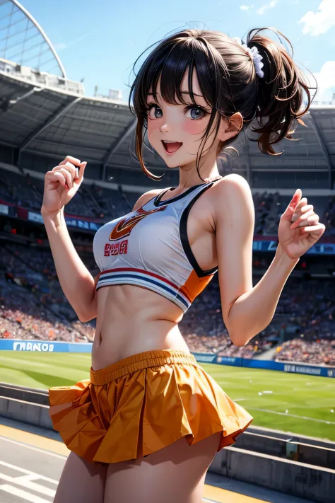 very cute and beautiful cheerleader girl,(very detailed beautiful face and eyes:1.2),(holding a pom pom:1.2),(Laugh), (Stadium Stand),Cowboy Shot,Dynamic Pose,(orange sleeveless shirt),Beautiful legs,White panties,Dynamic Angle,Black hair, (Best Quality,ma...