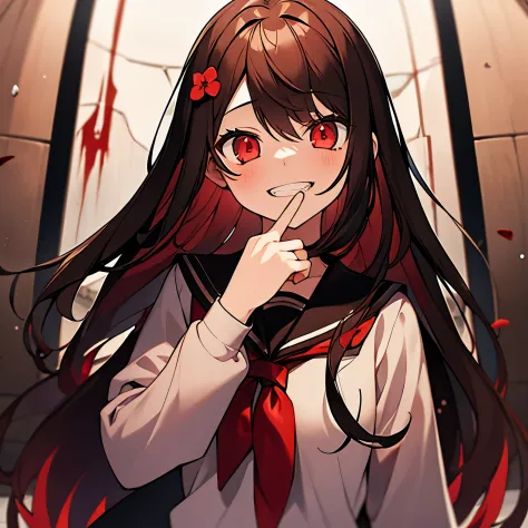1girl, long brown hair, red eyes, highschool outfit, pretty, creepy smile, yandere, flower clip on hair, looking at viewer, blood on face, dangerous, blood on clothes, hand on cheek, holding knife, love