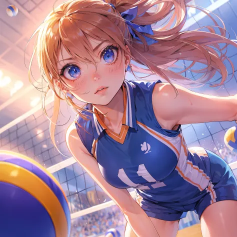 (Best Quality, masutepiece),ultra detailed photographic,1girl in, female volleyball player ,Large breasts,nice legs,ahot a ball,At the volleyball venue,Detailed beautiful face,Beautiful eyes,detailed hairs,detailed  clothes,Detailed realistic skin,Cool,Dyn...