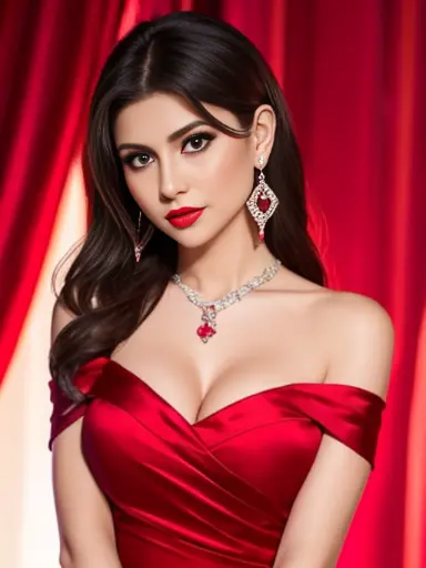 Lebanese lady, diamond dangling earrings, necklace, bracelets, small breasts, red lips, smokey eyes, red long satin dress, sad, ...