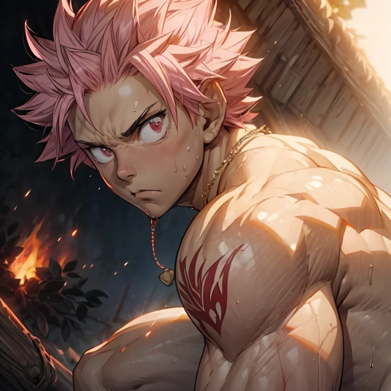 ((upper body)) masterpiece, best quality red eyes, game cg, 2boys adult men, (naked:1.2) rugged adult face, duo, male focus, looking at viewer, upper body, Natsu Dragneel natsu_dragneel, pink hair, red eyes, (shirtless naked), toned muscle, pectorals, 8 abs, toned legs, naked, slightly bulged, (large fire:1.5) and ember (particle effects:1.2), detailed, dynamic lighting, well lit, (fire on skin:1.2), (skin burning:1.2), (eyes on fire:1.2) (pink pubic hair:1.5), (penis:1.2) ((view from a distance)) ((Santa necklace))