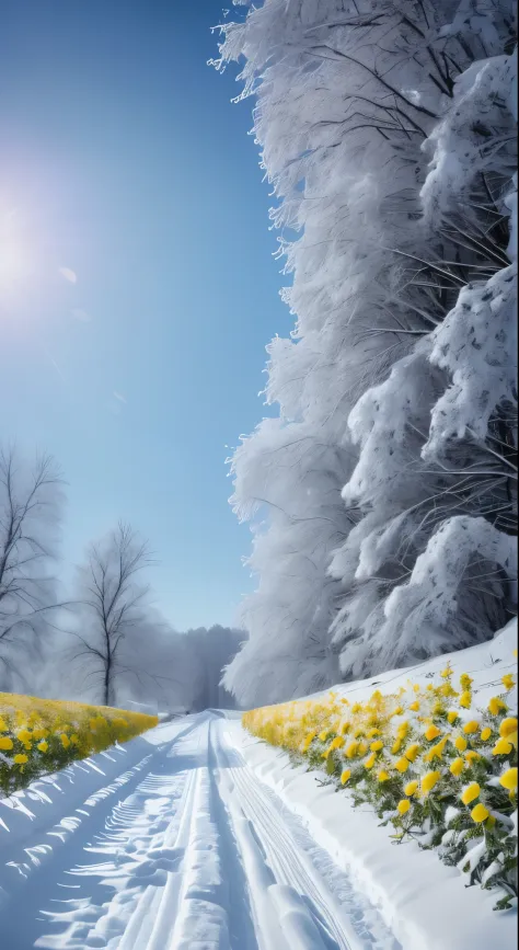 In the snowy fields，Yellow roses are covered in dust and snow, roses in cinematic light, beautiful snowy landscape, beautiful composition 3 - d 4 k, beautiful winter area, warm beautiful scene, winter setting, Gentle snow, very beautiful photograph of, Win...