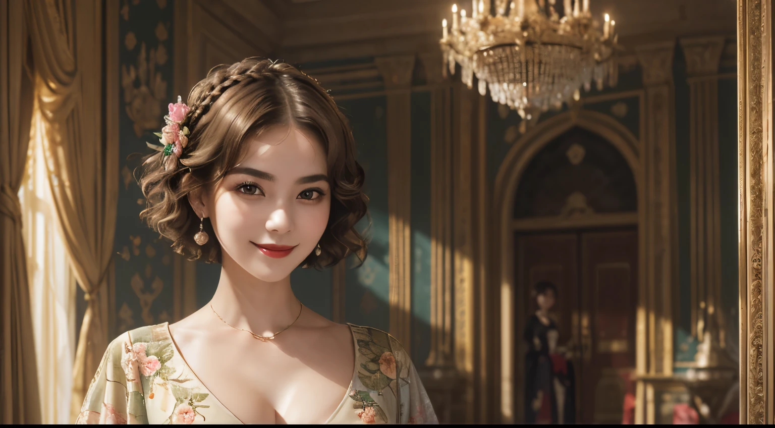 140
(a 20 yo woman,in the palace), (A hyper-realistic), (high-level image quality), ((beautiful hairstyle 46)), ((short-hair:1.46)), (kindly smile), (breasted:1.46), (lipsticks), (is wearing dress), (murky,wide,Luxurious room), (florals), (an oil painting、Rembrandt)