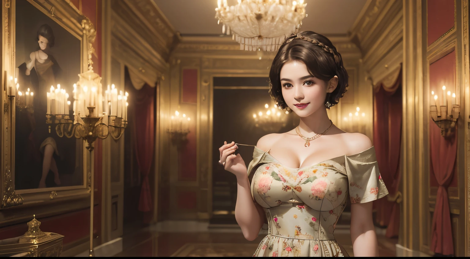 140
(a 20 yo woman,in the palace), (A hyper-realistic), (high-level image quality), ((beautiful hairstyle 46)), ((short-hair:1.46)), (kindly smile), (breasted:1.46), (lipsticks), (is wearing dress), (murky,wide,Luxurious room), (florals), (an oil painting、Rembrandt)