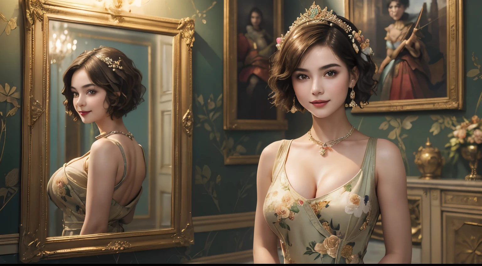 140
(a 20 yo woman,in the palace), (A hyper-realistic), (high-level image quality), ((beautiful hairstyle 46)), ((short-hair:1.46)), (kindly smile), (breasted:1.46), (lipsticks), (is wearing dress), (murky,wide,Luxurious room), (florals), (an oil painting、Rembrandt)