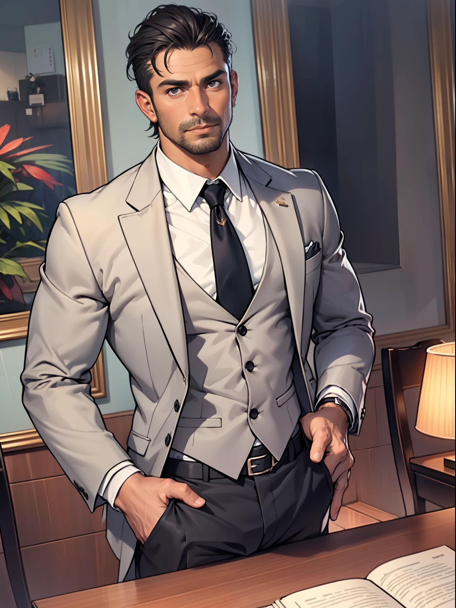sexy mature daddy, tanned-skin, darker skin, stubble, muscular, sophisticated diplomat, elegant embassy setting, formal attire, diplomatic poise