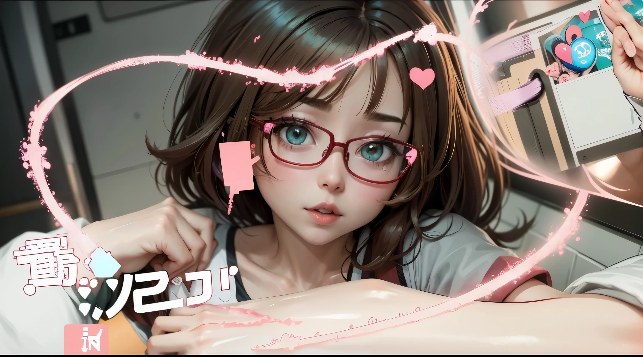 there is a woman with glasses and a heart shaped frame, あかさたなは on twitter, tumblr, anime-twitter, 奈良美智, twitter pfp, 🚿🗝📝, ❤🔥🍄🌪, 8k!!, 2263539546], fix arms