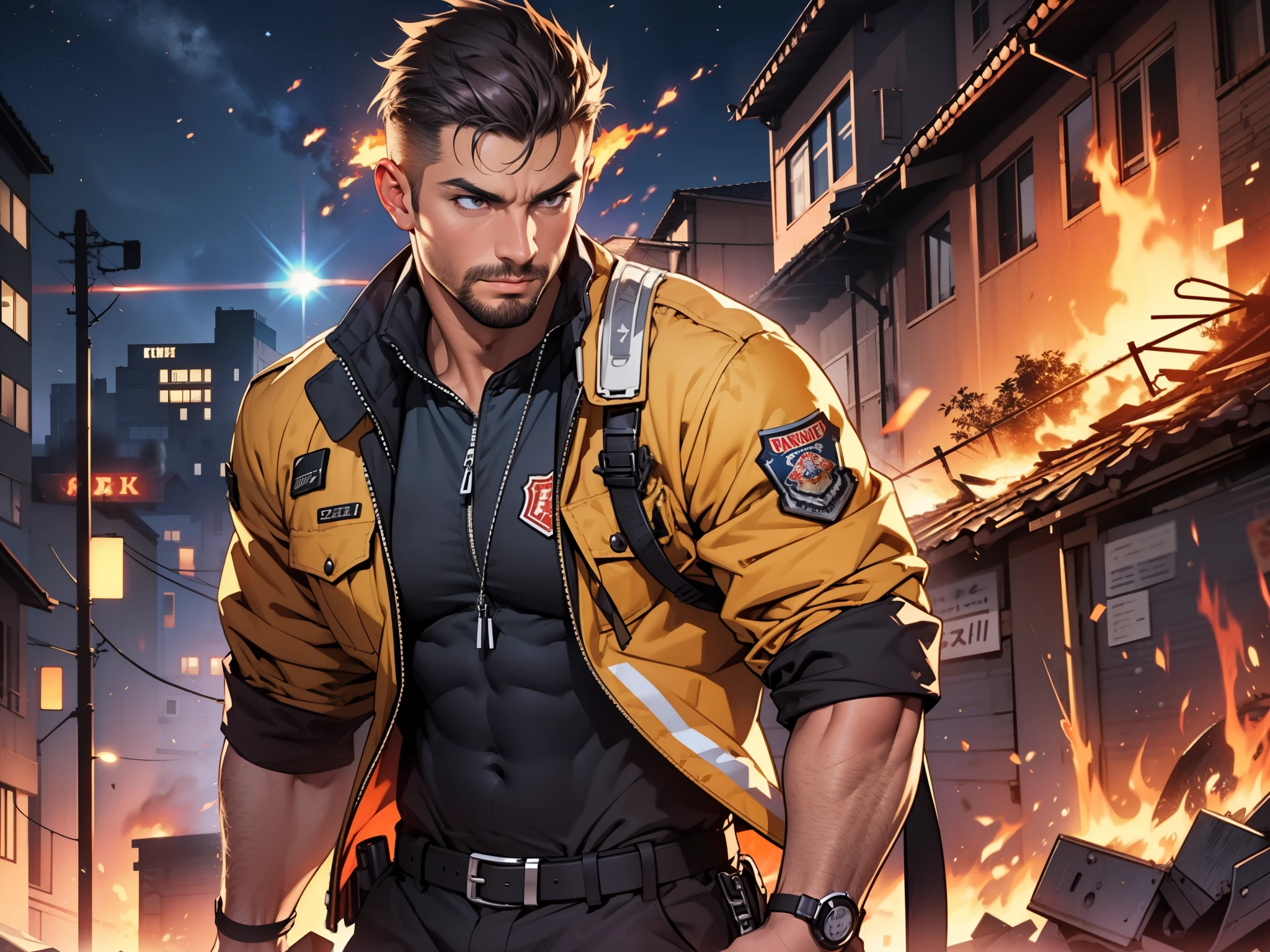 sexy mature daddy, tanned-skin, big bulge, darker skin, stubble, muscular, experienced firefighter, putting out fire, building on fire at night, uniform, look of determination