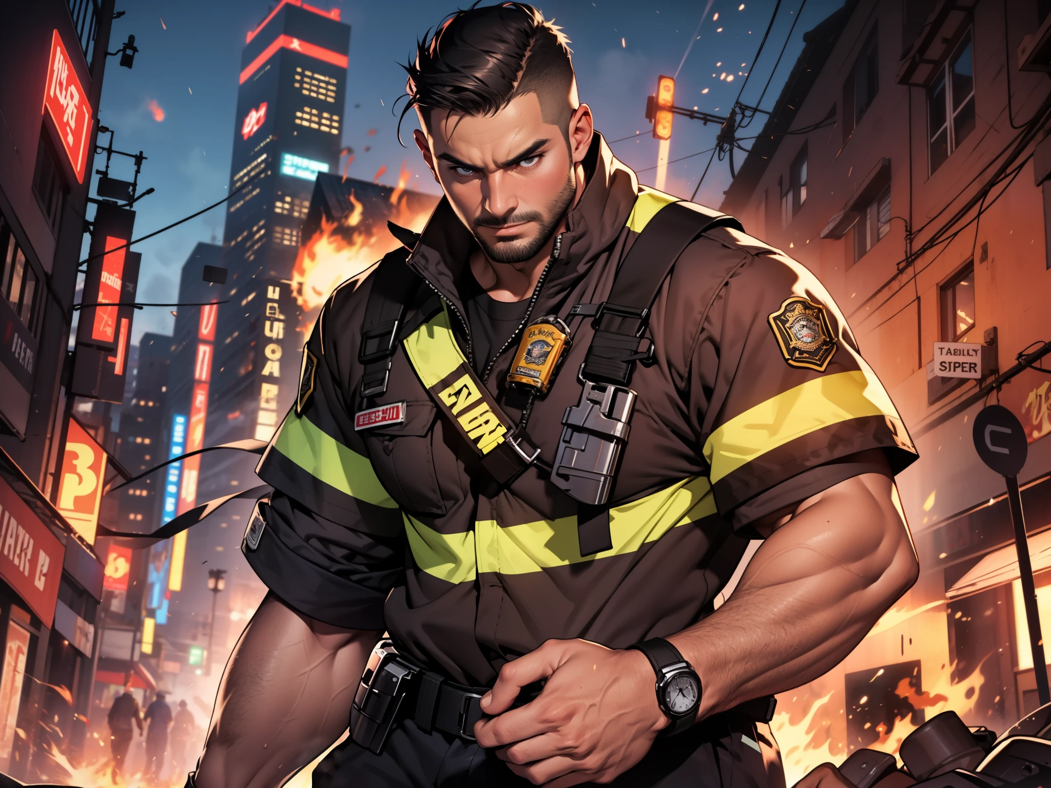 sexy mature daddy, tanned-skin, big bulge, darker skin, stubble, muscular, experienced firefighter, putting out fire, building on fire at night, uniform, look of determination