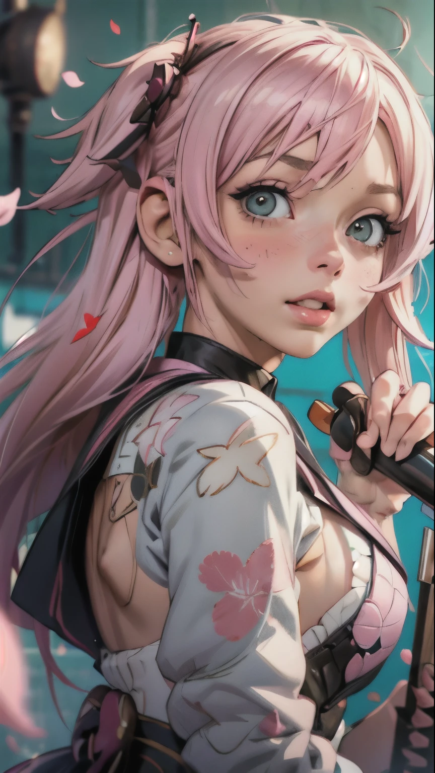 garota anime com cabelo rosa e olhos verdes posando para uma foto, Haruno Sakura, melhor papel de parede de anime 4k konachan, garota anime sedutora, vou fazer fanart também, pétalas de sakura ao seu redor, Arte Splash Anime , estilo anime 4k, estilo de arte anime moe, estilo de arte de anime de alta qualidade, Arte detalhada do anime, Papel de parede de anime, melhor garota de anime