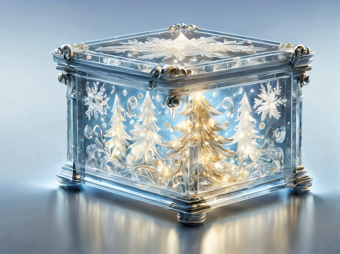Christmas presents made of glass:transparent and beautiful:Complex pattern:Decorate with gold, silver, and jewels,芸術的なopticと影,stele,yuki,a hologram,やわらかくopticる,FrostedStyle,photoRealstic,Studio Lighting,Piece of art,optic,Fancy details,Magical,​masterpiece,金属optic沢,blurry backround:yukiが降る