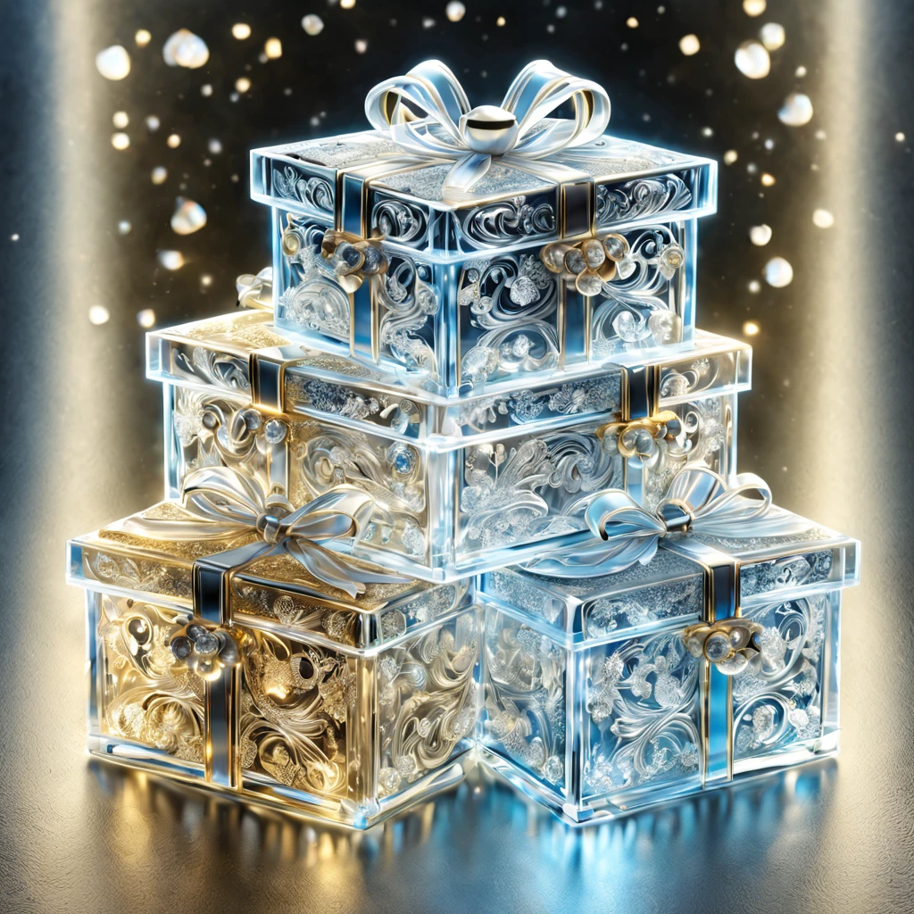 Christmas presents made of glass:transparent and beautiful:Complex pattern:Decorate with gold, silver, and jewels,芸術的なopticと影,stele,yuki,a hologram,やわらかくopticる,FrostedStyle,photoRealstic,Studio Lighting,Piece of art,optic,Fancy details,Magical,​masterpiece,金属optic沢,blurry backround:yukiが降る