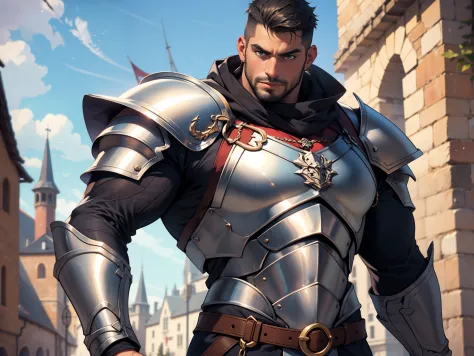 sexy mature daddy, tanned-skin, big bulge, darker skin, stubble, muscular, noble knight, medieval armor, historic castle backgro...