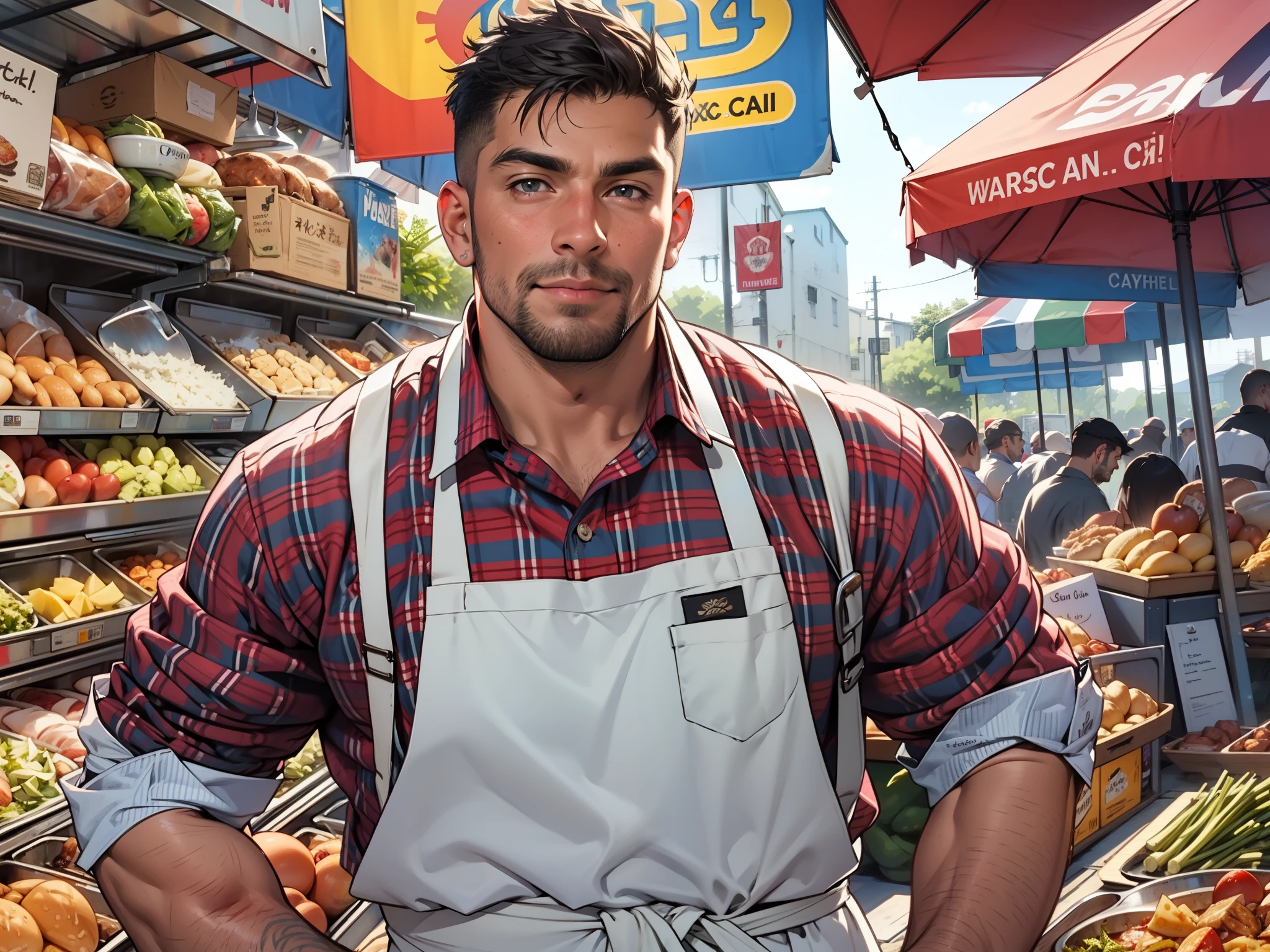 sexy mature daddy, tanned-skin, big bulge, darker skin, stubble, muscular, celebrated chef, outdoor food market, casual chef’s attire, culinary exploration