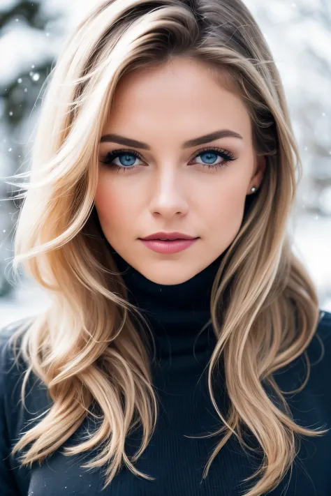 Professional portrait photo of a beautiful Canadian girl in winter clothes with long wavy blond hair, Beautiful symmetrical face...