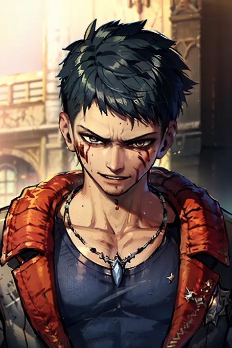 (best quality)), ((masterpiece)), (detailed), 1boy, blue eyewear, messy hair, jacket, dark hair, from below, jacket, mature male, crazy smile, blood on face, looking down, solo, DmCDante