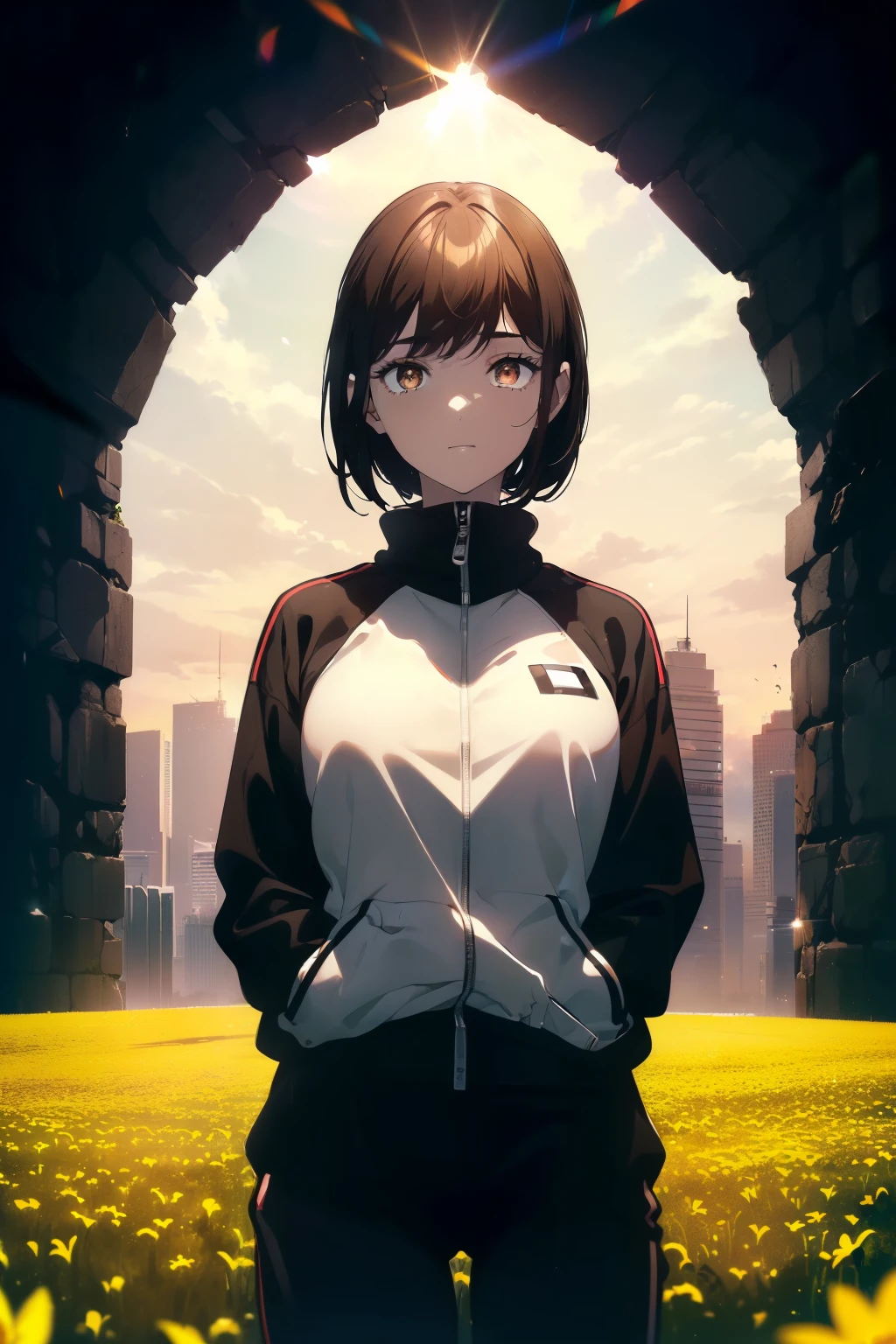 ((((Obra maestra, La mejor calidad, ultrahigh resolution)))), beautiful girl, standing, (((wearing a black tracksuit))), (short hair in view, in frame), pale skin, ((brown eyes)), (glowing_eyes, luminescent eyes), (ultra detailed eyes:0.7, beautiful and detailed face, detailed eyes:0.9), ((centered)), smile, ((wide shot)), facing viewer, (((vibrant background of outdoors, field of flowers, bright lighting, summer, sunlight))), flat chested, looking at viewer, ((perfect hands)), ((head:1, hips, elbows, arms, in view)), ((hands behind back)), beautiful lighting, defined subject, (18 years old), ((cool looking)), ((sun glare))