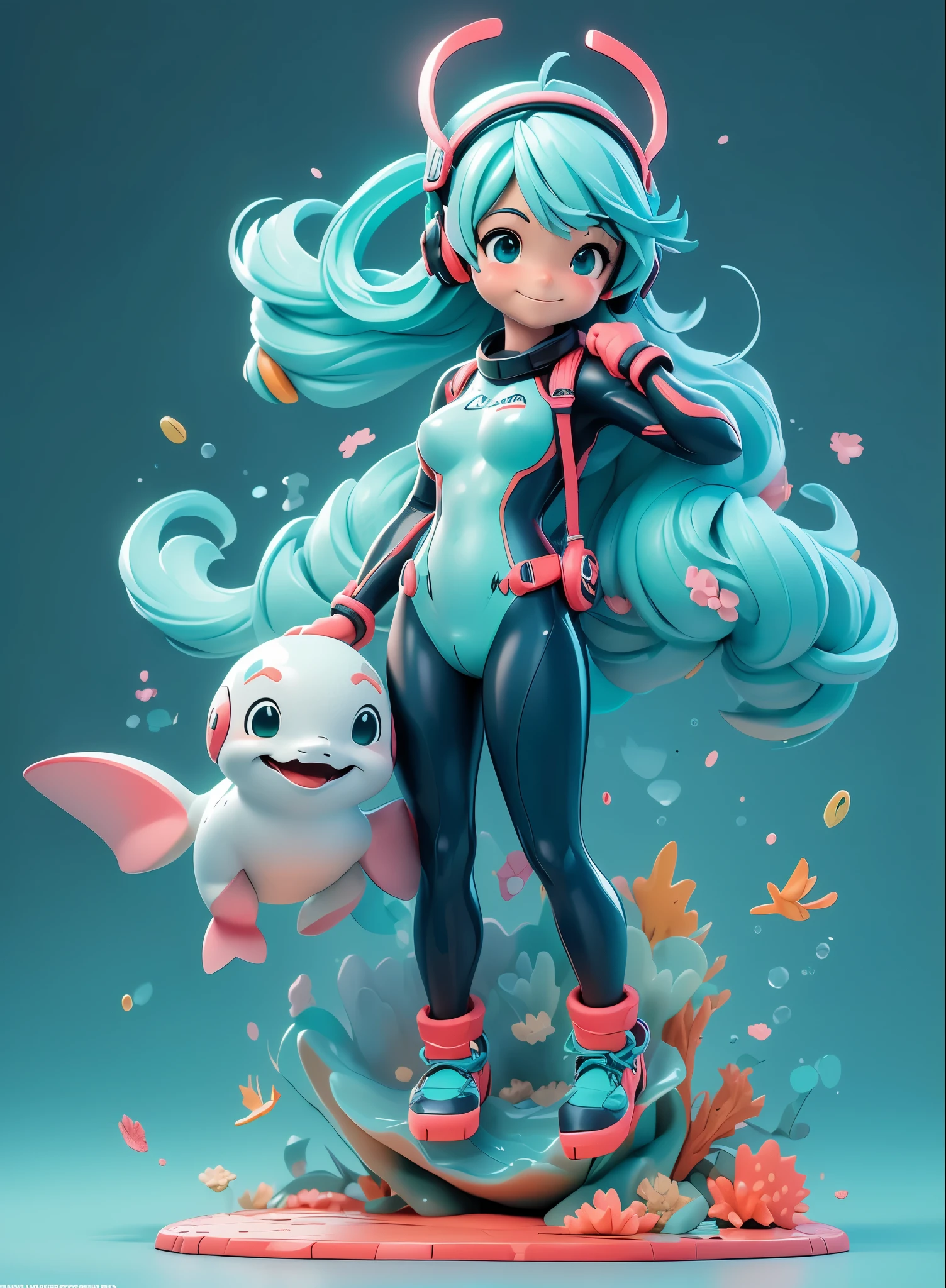 (ângulo dinâmico:1.4), ((Posando de corpo inteiro:1.5),Miku Hatsune,nadar com golfinhos no oceano,lindos seios,fato de mergulho,snorkel,Os corais