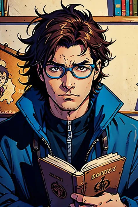 (best quality)), ((masterpiece)), (detailed), male, gojou, blue eyewear, messy hair, jacket, dark hair, facing front, book cover...