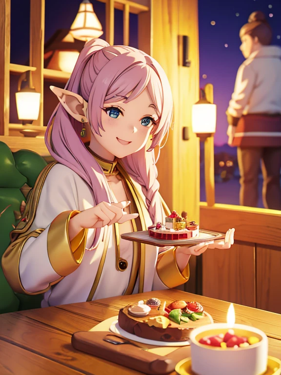 cute smile face、singing elf、sitting in a jewelry box、Lots of treasures, treasure chest and sweets、Christmas cake、Strawberry cake、Christmas tree、merry christmas characters、Christmas Lights、