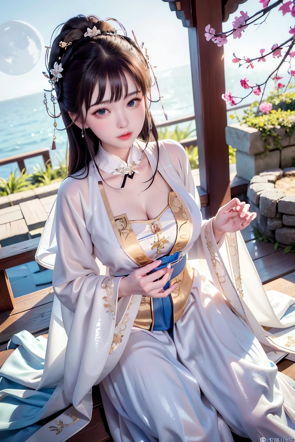 a princess 10 yeald old cute Hanfu  dynasty open V-chested clothes royal, Wet body of thin silk fabric, Thin silk lace dress, (huge boobs，cleavage),, white pink, blue ，best qualtiy，tmasterpiece，超高分辨率，（真实感：1.4），RAW photogr，（True skin texture：1.3），（filmgrain：1.3），（Selfie angle），1个Giant Breast Girl，Beautiful eye and face details，tmasterpiece，Best quality at best，，The chest  more exposed， detailed hair，above looking down facing at camera,short dressPrincess Eyes,Super big eyes,Detailed face,shiny pupils,  (a garden,moon palace,)