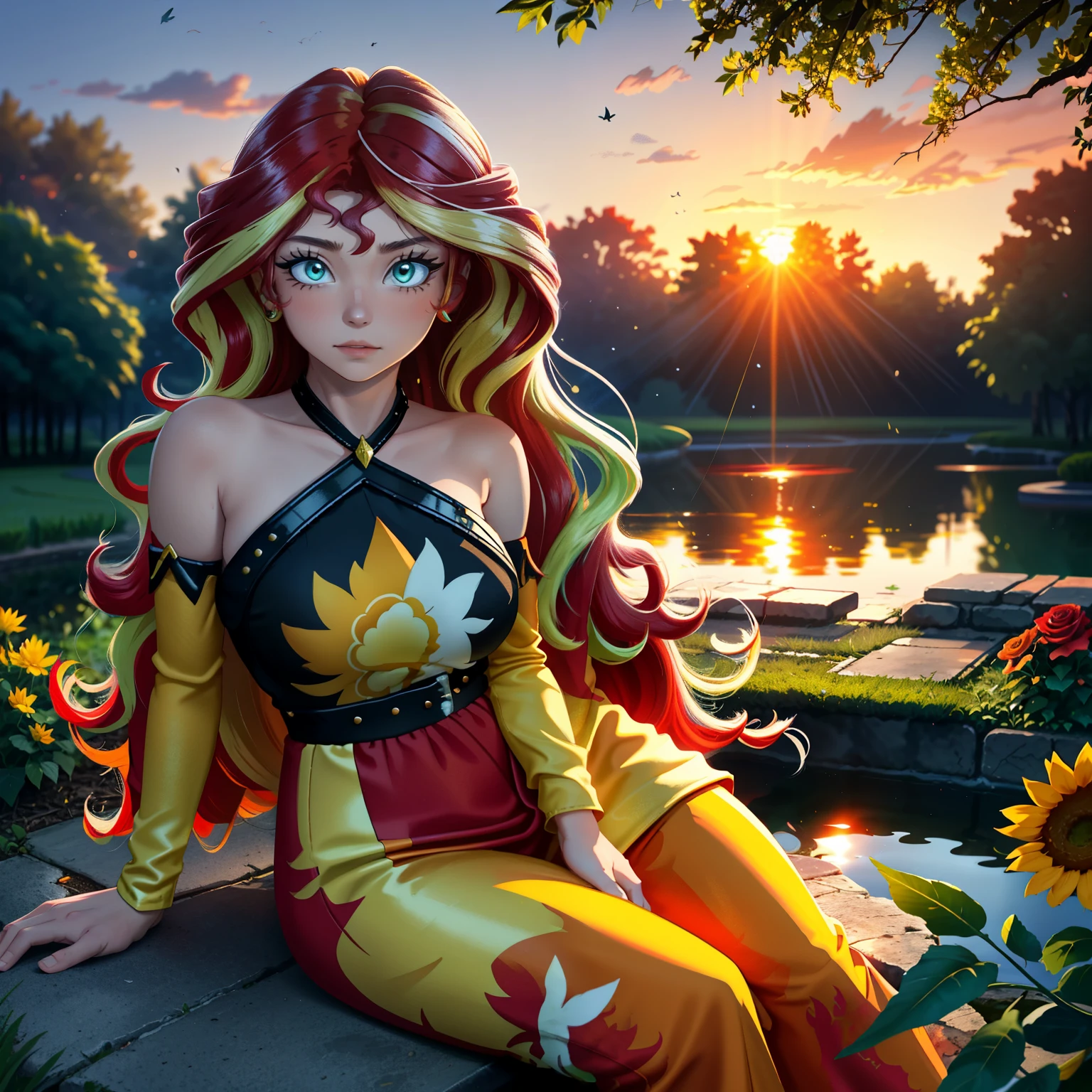 sunset shimmer, sunset shimmer from my little pony, sunset shimmer in the form of a young woman, big breasts, lush breasts, two tones of hair, red and yellow hair, in a garden, red and yellow flowers, solo, one character, red and yellow dress: 1.5, long sleeves, thin, turquoise eyes, gentle smile, beautiful detailed garden: 1.5, under a trees, ACER PALMATUM trees: 2.5, sitting on grass, rose flowers every: 1.5, rose garden: 1.5, so many connected ponds with lily pads and flowers on it beautiful pond: 2.0,, lily pads, sunflower flowers everywhere: 2.0, extremely long hair, SUNSET: 2.0, SUN SETTING: 2.0, bright glowing orange evening sky, ethereal sky, red thigh high with fire patterns of it, highly detailed legging, she is sitting by the ponds, reflection on water, bright glowing shimmering eyes, vibrant atmosphere: 1.0, breath taking scenery: 2.0, HIGHLY DETAILED LIGHTING:1.0, dramatic lighting, so much foliage, different varieties of colorful flowers all around her those flowers attract butterflies, highly detailed butterflies, ((one really thin orange straight horn on her forehead: 1.0)), two orange cat ears: 1.0, arbours decorated with flowers and bushes