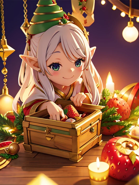 Cute smiling elf sitting inside a big treasure chest、lots of treasures and sweets、Christmas tree、Strawberry cake、Christmas Lights、