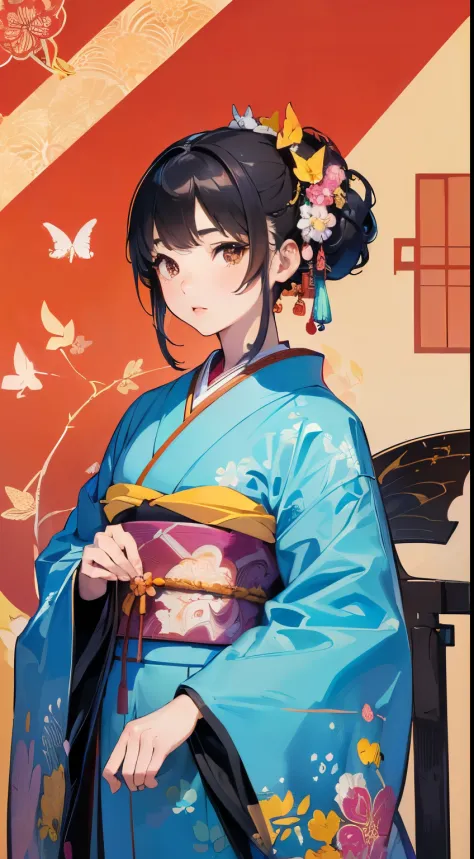((8k wallpaper of extremely detailed CG unit, ​masterpiece, hight resolution, top-quality, top-qualityのリアルテクスチャスキン)), ((a very beautiful woman, Plump lips, The upper part of the body, Japanese pattern haori,)), (messy black hair, de pele branca, Small), ((...