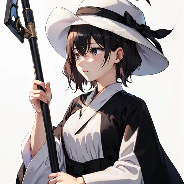 girl with white hat and black hair, yandere,short-hair ,ahoge,(white  clothes),((((black robes)))),has a halberd,deadpan,body sh...