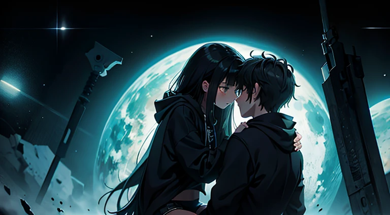 a teenager girl with long black hair and black hoodie and black shorts hugging an emo teenager guy, space, space ship, futuristic,
