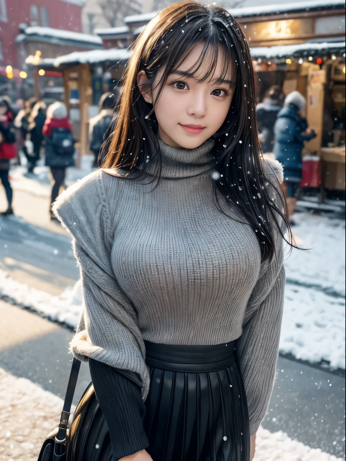 (8K,masutepiece, Raw photo,Best Quality:1.4),(photographrealistic:1.2),(extremely Detailed face),(Shiny skin),(Detailed skin),(Detailed face),(Extremely beautiful face),1girl in,Looking at Viewer,Japanese ido(actor hair,Medium Hair,Straight hair,asymmetrical bangs,Smile,glamor,large breasted jacket, Turtleneck sweater, Pleated skirt:1.2), Christmas Market, (It&#39;s snowing、It&#39;s piling up:1.2),High Position,Professional Lighting