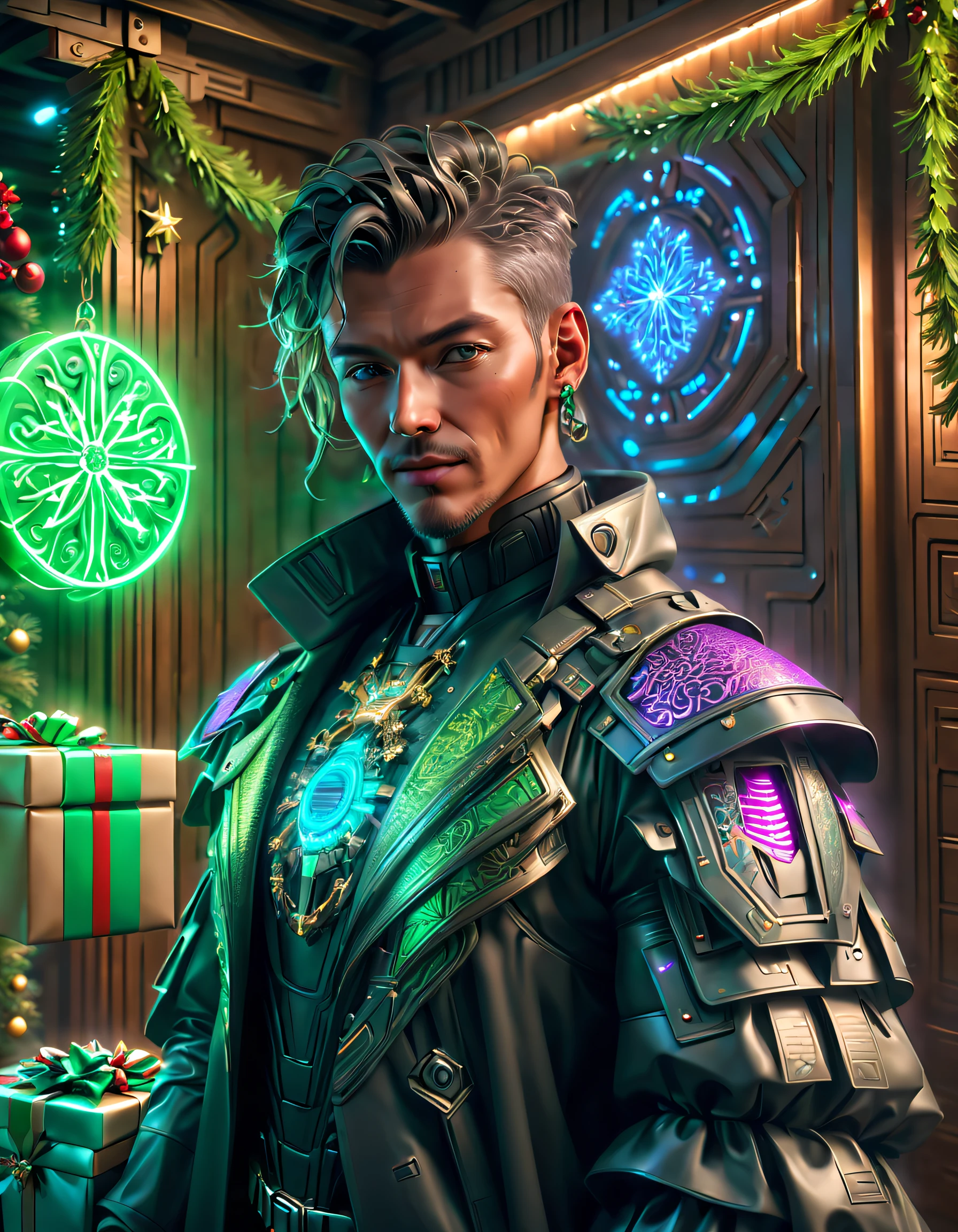 (((1件传统和未来融合的Weihnachtsgeschenke)))，(cyberpunk gifts)，(Weihnachtsgeschenke、leuchtendes Geschenk)、Gifts in the cyberpunk room、(Zukunftsgeschenk、Die Zukunft der Verpackung)、Geschenke im Neonraum、Geschenk mit leuchtendem Muster、Cyberpunk style gift packaging、Zukunftsgeschenk、Weihnachtsgeschenke，(未来和传统的Weihnachtsgeschenke元素无缝融合，Nahtlose Verbindung von Alt und Neu），Details von NOhumaniligrees，elegant und charmant，Das ist sehr detailliert，Unreal Engine，Render von Octane，Computergrafik-Bildverarbeitung，natürlich，Klare öffentliche Bereicheiligres，Glätte，sanftesweichesLicht，(Konzeptkunst，hyper HD，Kunststation Antasyart，Ein epischer Anblick，komplizierte Muster，Komplizierte Details，Super filigran，physikalisch basiertes Rendering，äußerst detaillierte Beschreibung，Fachmann，hyper realisitc，jenseits menschlicher Vorstellungskraft，spektakuläre Beleuchtung，Kunstseite ist beliebt，Unreal Engine，Allgemein，Beste Qualität zum besten Preis，8K，Eine hohe Auflösung，Meisterstück，ultra-detailliert，Realistisch，1.Realismus um das Vierfache erhöht）