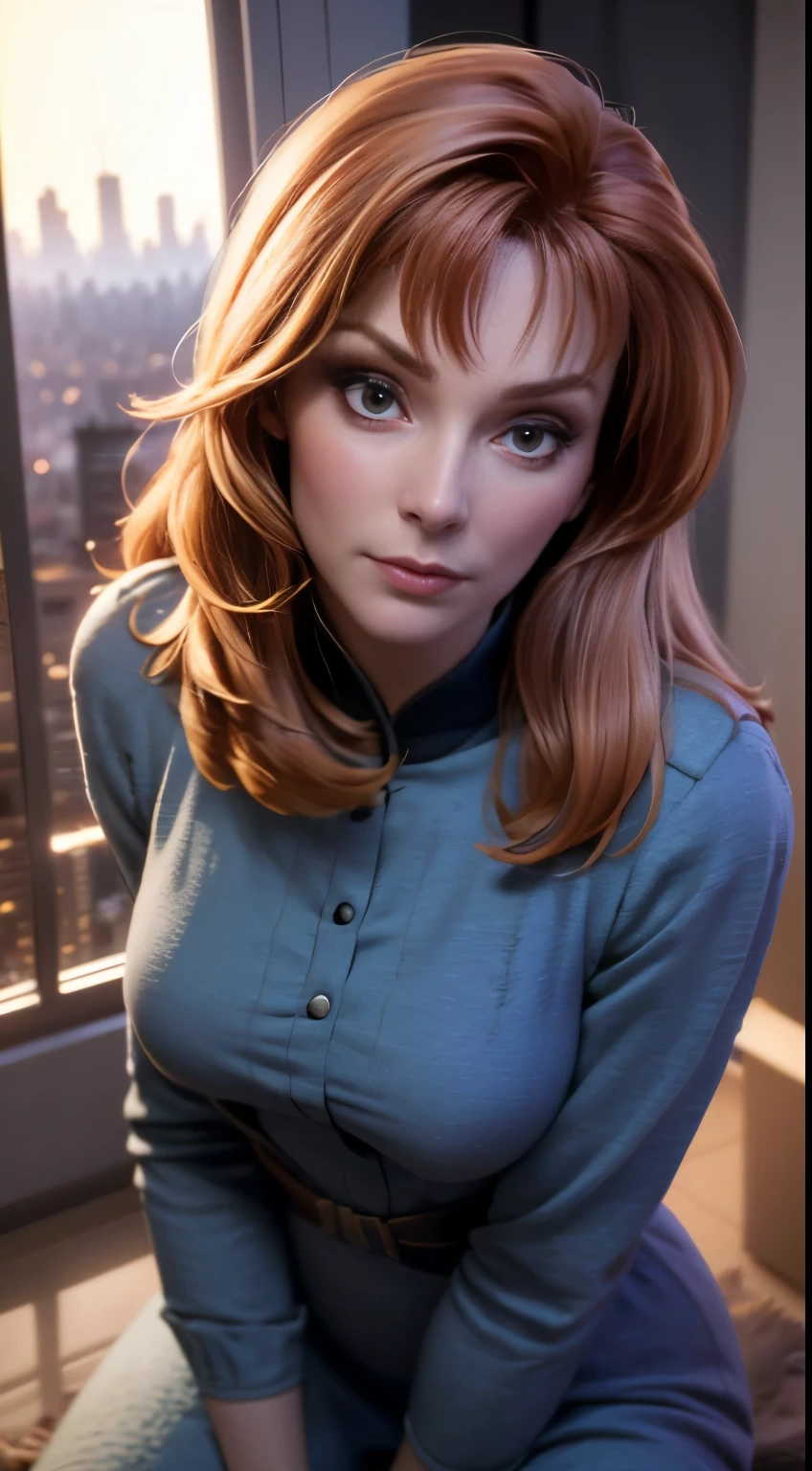 photo of Gates McFadden, RAW, beautiful woman, ((portrait)), ((detailed face:1.2)), ((detailed facial feature, detailed skin, clear skin), (perfect proportioned body), kneeling looking up at camera, (wearing a colorful dress) (high detailed city environment, apartment balcony), (realistic photo, best quality, detailed), (8k wallpaper), (cinematic lighting, dramatic lighting) (sharp focus, intricate)