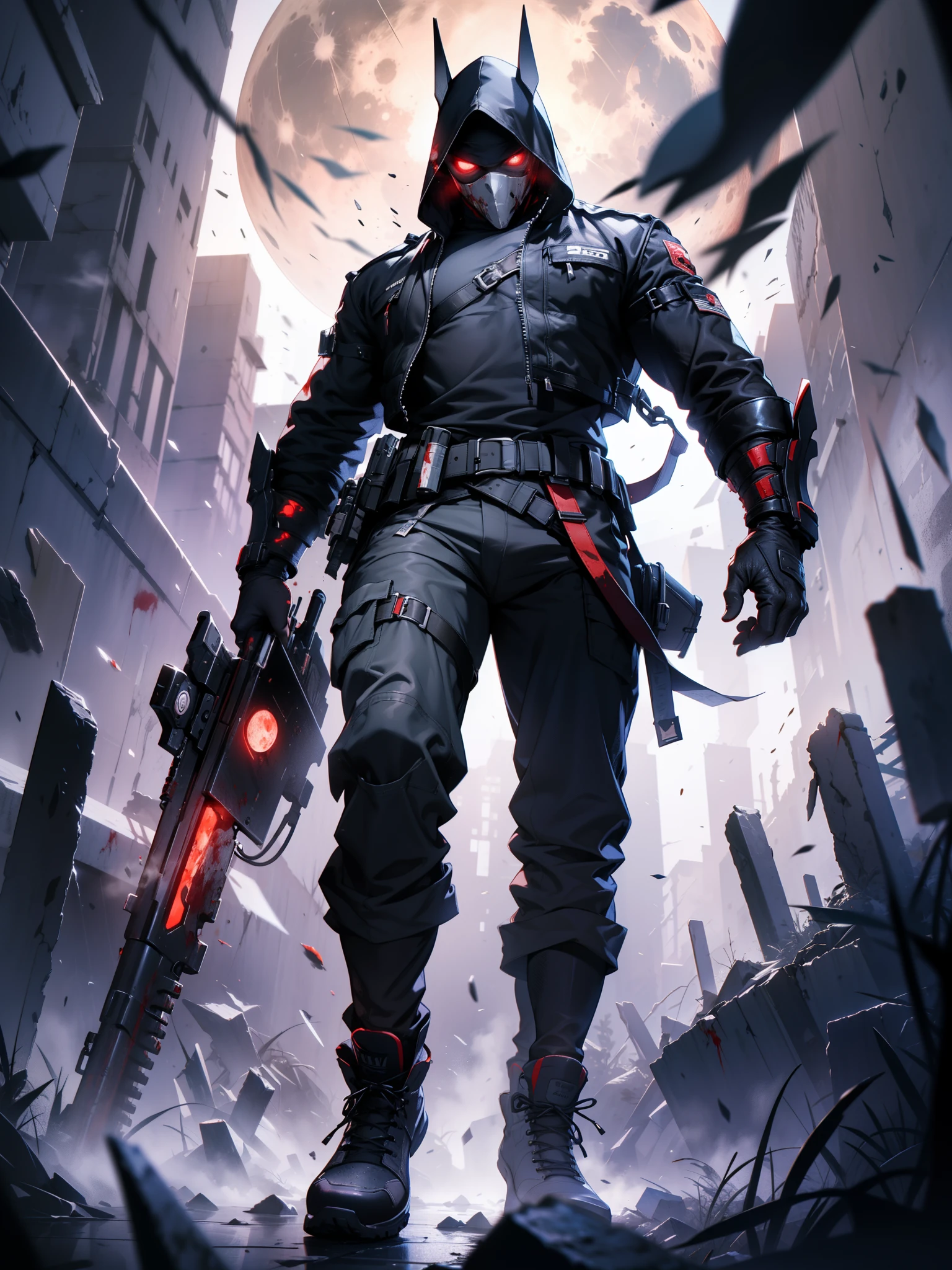 Best quality, masterpiece, ultra high res,detailed background,realistic,illustration,from below,full body,solo,1boy,pyramidHead,muscular,facial hair,blood on clothes,boots,full red moon,blood splatter,mist,fog,red and black,ruins,volumetric lighting,depth of field,