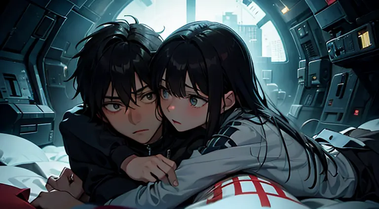 a teenager girl  cuddling with an emo teenager guy in bed, space, space ship, futuristic, bed, bedroom, cuddling, hugging