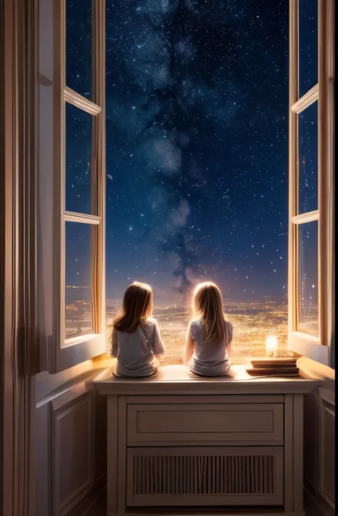 see two angels in your room, room, soft light, you see through the window the starry sky
​
