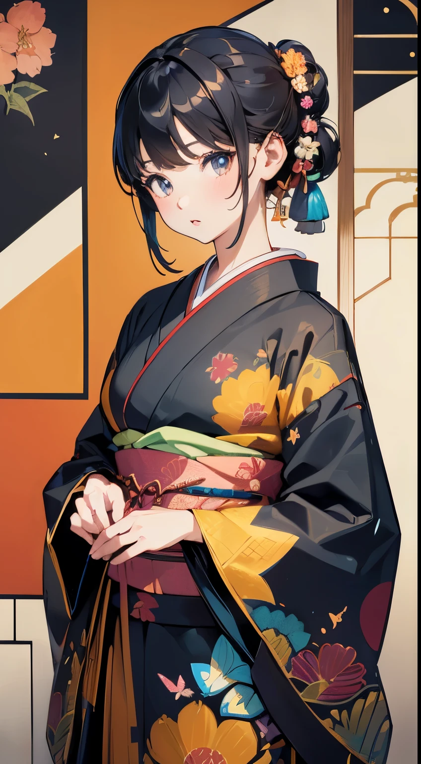 ((8k wallpaper of extremely detailed CG unit, ​masterpiece, hight resolution, top-quality, top-qualityのリアルテクスチャスキン)), ((a very beautiful woman, Plump lips, The upper part of the body, Japanese pattern haori,)), (messy black hair, de pele branca, Small), ((colorful wall with geometric pattern, Japanese pattern wall, warm color, butterflys, florals)), hyper realisitic, digitial painting,