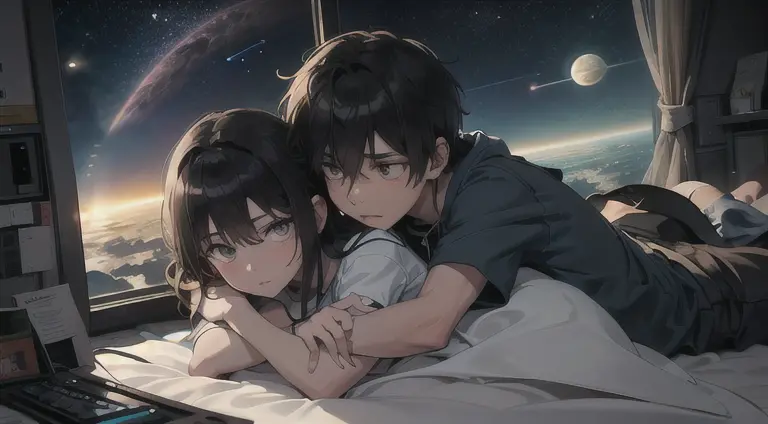 a teenager girl  cuddling with an emo teenager guy in bed, space, space ship, futuristic, bed, bedroom, cuddling, hugging