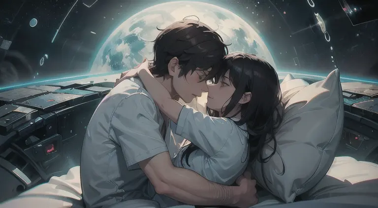 a teenager girl  cuddling with an emo teenager guy in bed, space, space ship, futuristic, bed, bedroom, cuddling, hugging