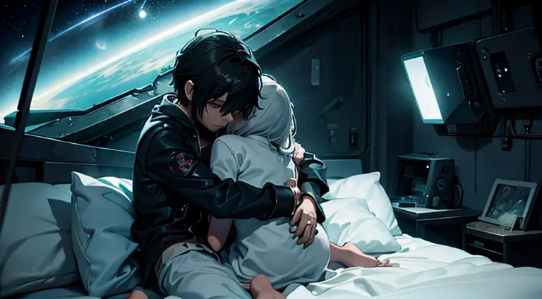 a teenager girl  cuddling with an emo teenager guy in bed, space, space ship, futuristic, bed, bedroom, cuddling, hugging