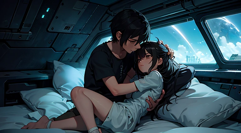 a teenager girl  抱き合う with an emo teenager guy in ベッド, 空間, 空間 ship, 未来的な, ベッド, ベッドroom, 抱き合う, ハグ