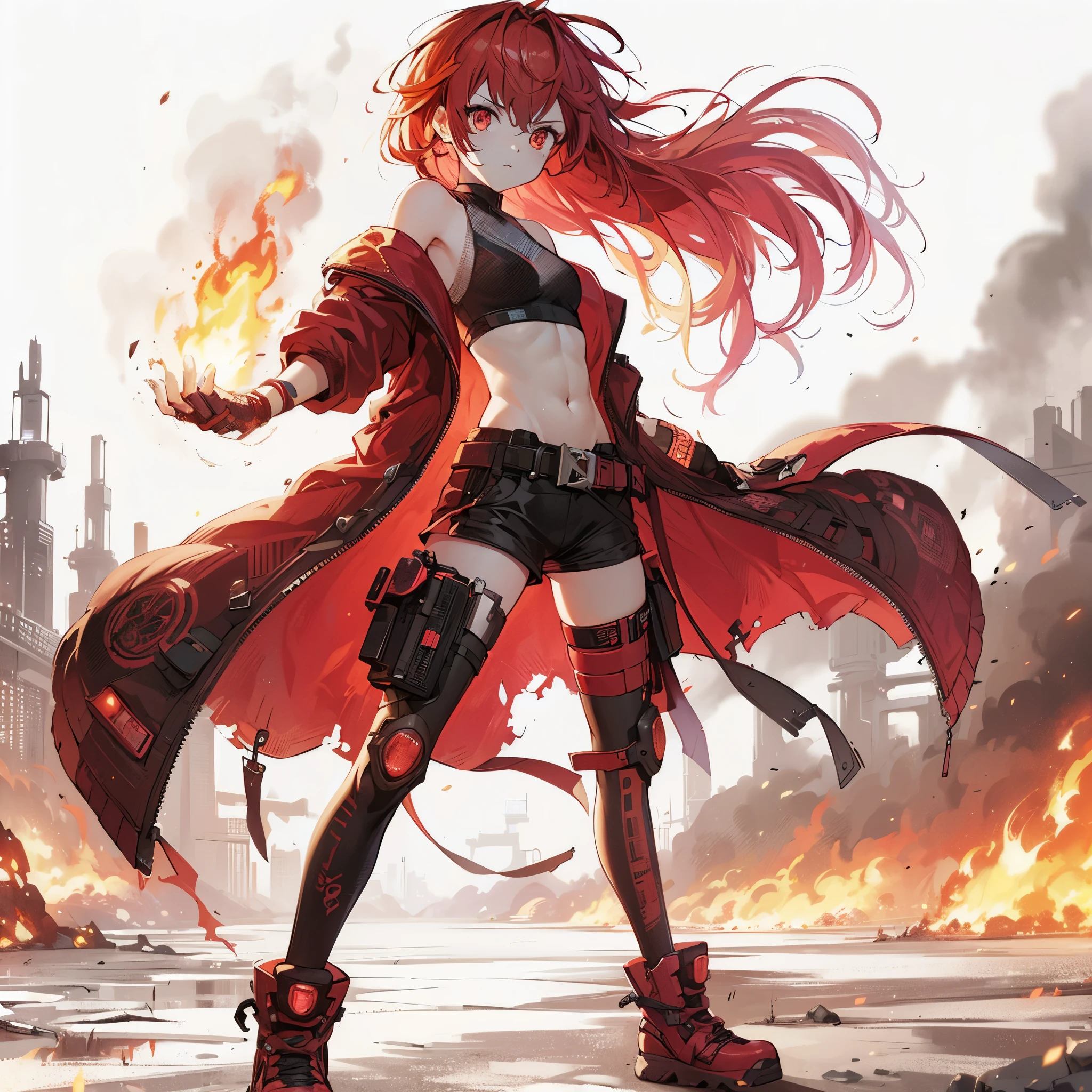 (Masterpiece, best quality), (perfect athlete body:1.2), (detailed hair), ultra-detailed, anime style, solo, full body, cyberpunk fire starter girl, red hair, red eye, wears cyberpunk short top and long coat, burning fist, raised boots, digital painting, 8k high resolution, whole body, white background, standing wasteland