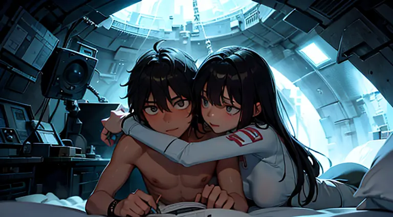 a naked teenager girl  cuddling with an emo teenager guy in bed, space, space ship, futuristic, bed, bedroom, cuddling, hugging