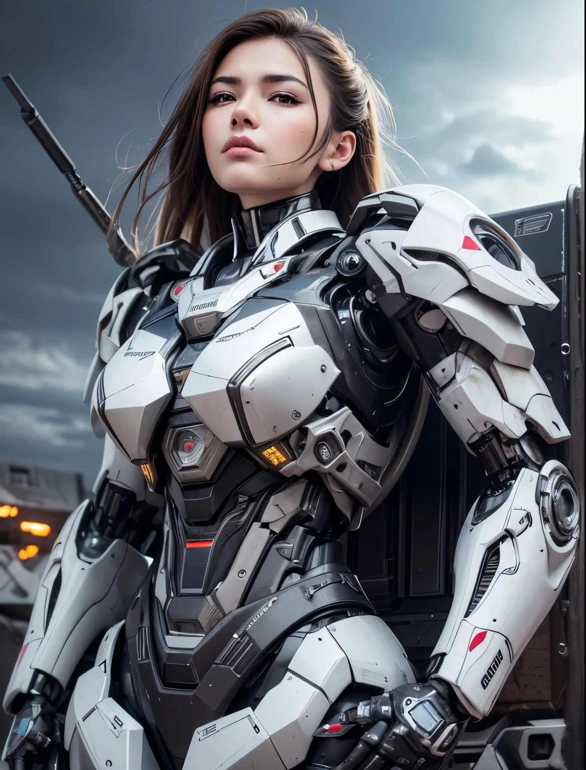 Textured skin, Super Detail, high details, High quality, Best Quality, hight resolution, 1080p, hard disk, Beautiful,(War Machine),beautiful cyborg woman,Mecha Cyborg Girl,Battle Mode,Girl with a Mecha Body,She wears a futuristic war machine weapon mech,Fulll body Shot