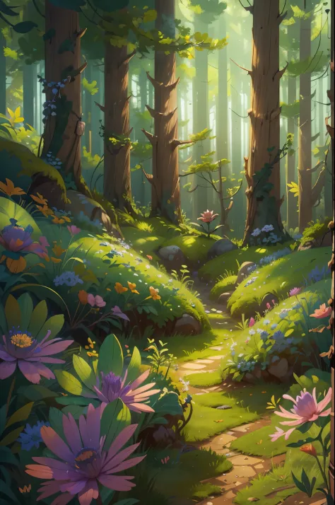 a clearing in the forest，Close-up of the scene，Pixar cinematic style,Best quality at best, cinematic Film still from,in the early morning， bright sun，beautiful  flowers，