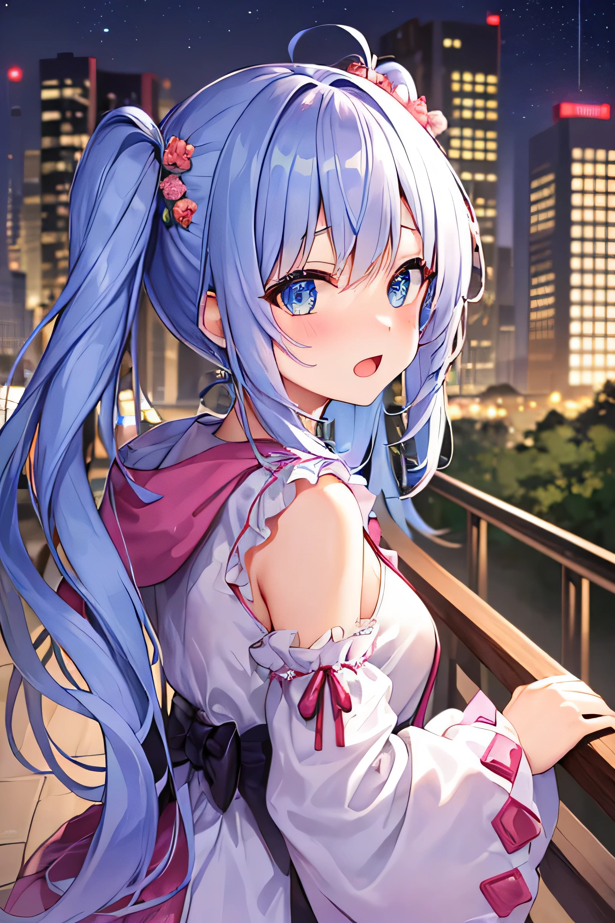 ​masterpiece、Top image quality、超A high resolution、miku hatsune、blue hairs、Twin-tailed、Blushing、mock、Open your mouth just a little、dressed casually、Skyscraper、Japan、Outdoors、Night time