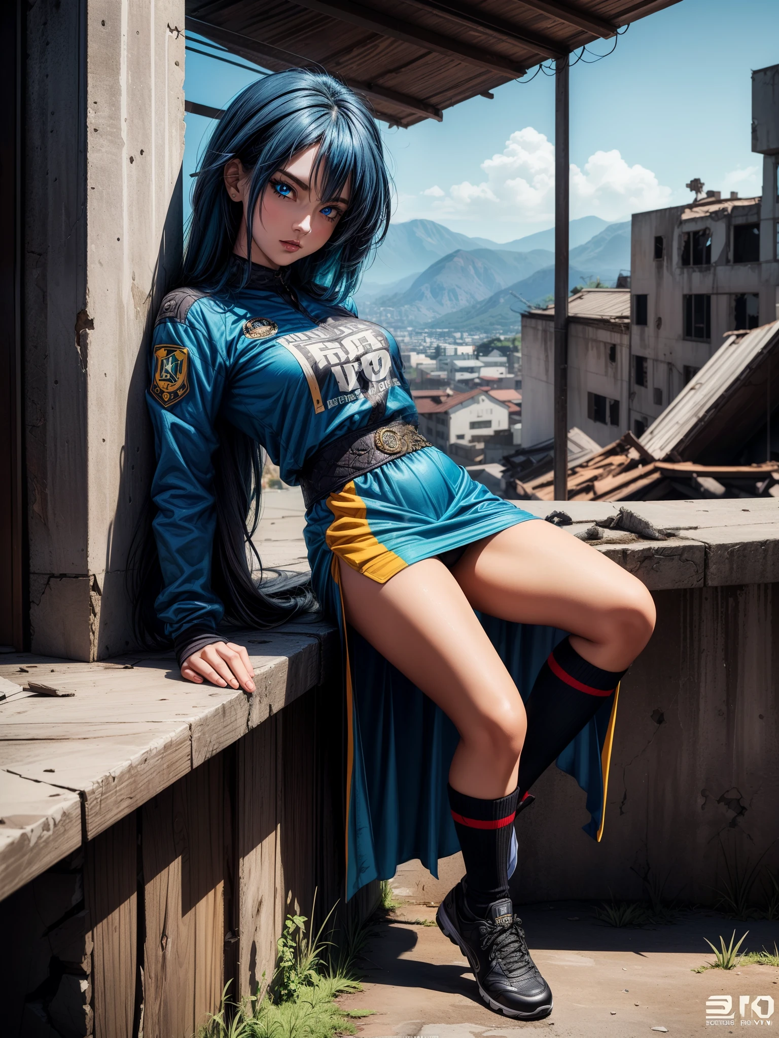 "Design a dynamic and vibrant (4K, 8K, 16k UHD high detail, cinematic art.) logo art featuring a "girl dragon ball z" with blue hair ((vivid eyes)). The outfit is inspired by Uniform of the soccer team Brazil, incorporating iconic elements like the Brazilian flag colors or cultural symbols to enhance the theme. Render it in a dynamic vintage style, perfect for a cartoon comic-style." ((Noir vibes)), complex background, stickers, | Three-dimensional composition, cinematic lighting. | A striking scene of a young woman in an abandoned building, immersed in the terror of a world in ruins. | {The camera is positioned very close to her, revealing her entire body as she adopts a extroverted_pose, interacting with and leaning on a structure in the scene in an exciting way} | ((perfect_pose)), She is adopting a ((extroverted_pose as interacts, boldly leaning on a structure, leaning back in an exciting way):1.3), ((full body)), (perfect_fingers:1.0), (perfect_legs:1.0), More_Detail, better_hands